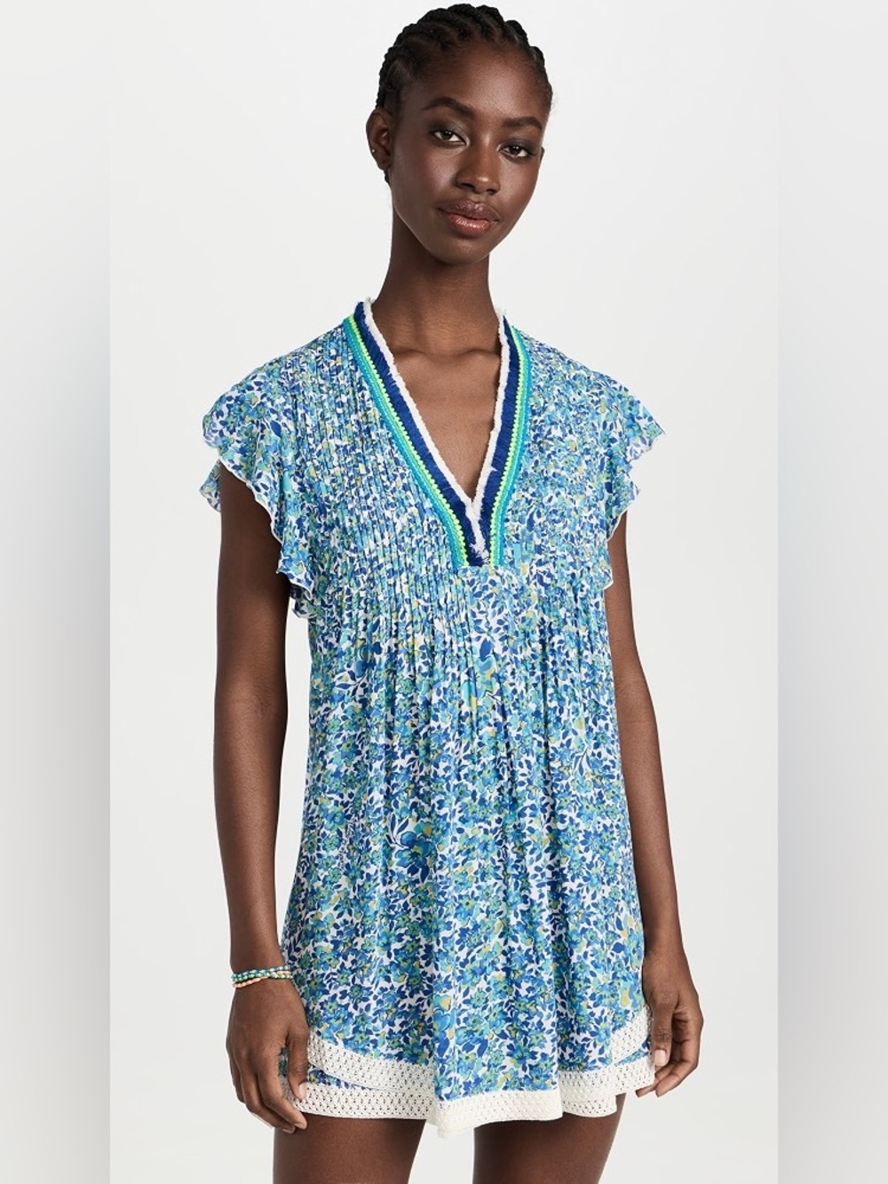 Poupette St. Barth Blue Floral V-Neck Tunic with Striped Trim